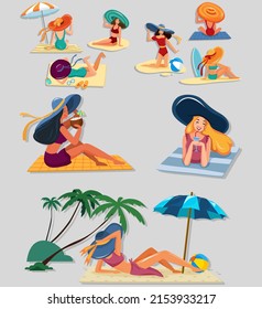 Bikini girls icons colored cartoon