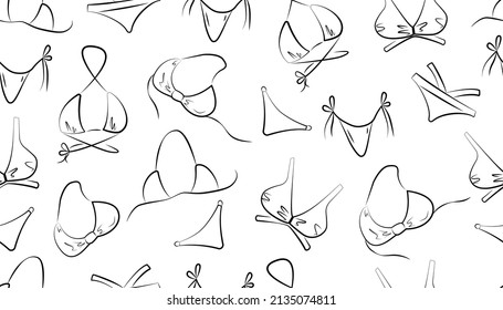 Bikini hand drawn seamless pattern. Women's sexy swimsuit summer background. Black outline on a white background. Vector. For fabric, wrapping paper, textiles.