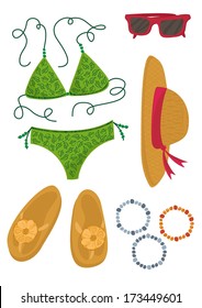 bikini hut sunglasses bracelets flip flops summer outfit illustration elements set isolated on white background