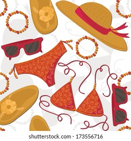 bikini hut sunglasses bracelets flip flops summer outfit illustration elements on white background seamless pattern