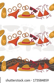 bikini hut sunglasses bracelets flip flops summer outfit isolated illustration elements seamless horizontal border set