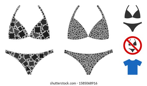 Bikini icon composition of rugged pieces in variable sizes and color tones, based on bikini icon. Vector rugged pieces are organized into composition.  