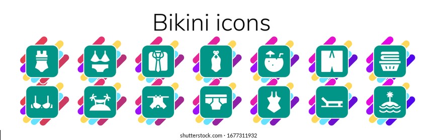 bikini icon set. 14 filled bikini icons.  Simple modern icons such as: Swimsuit, Brassiere, Island, Clothes, Underwear, Coconut water, Beach