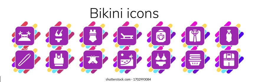 bikini icon set. 14 filled bikini icons.  Simple modern icons such as: Island, Hair removal, Bikini, Clothes, Swimsuit, Beach, Boxer