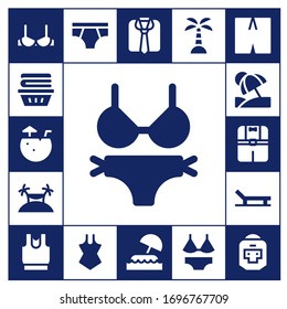 bikini icon set. 17 filled bikini icons. Included Brassiere, Clothes, Coconut water, Bikini, Island, Vacation, Beach, Underwear, Swimsuit, Boxer icons