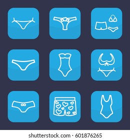 bikini icon. Set of 9 outline bikini icons such as panties with heart, bikini, female underwear, swimsuit, underwear with heart