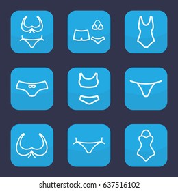 Bikini icon. set of 9 outline bikini icons such as panties with heart, bra, bikini, female underwear, swimsuit