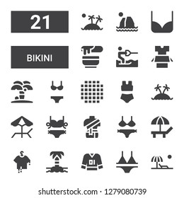 bikini icon set. Collection of 21 filled bikini icons included Beach, Bikini, Clothes, Island, Cloth, Water ski, Wax