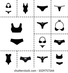 Bikini icons. set of 13 editable filled bikini icons such as female underwear, swim suit, panties with heart, swimsuit, bra