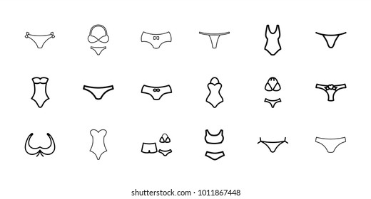 Bikini icons. set of 18 editable outline bikini icons: panties with heart, bra, female underwear, swimsuit, swim suit