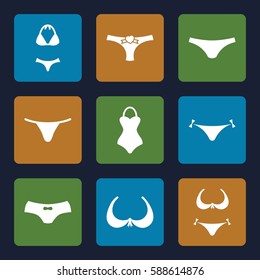 bikini icons set. Set of 9 bikini filled icons such as panties with heart, bra, bikini, female underwear