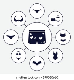 bikini icons set. Set of 9 bikini filled icons such as panties with heart, bra, female underwear, underwear with heart, swimsuit