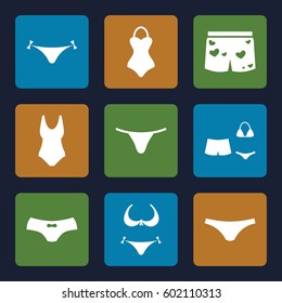 bikini icons set. Set of 9 bikini filled icons such as panties with heart, bikini, female underwear, underwear with heart, swimsuit