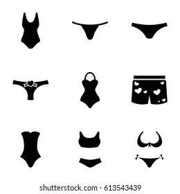Bikini icons set. set of 9 bikini filled icons such as bikini, female underwear, swimsuit, panties with heart, underwear with heart