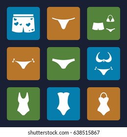 Bikini icons set. set of 9 bikini filled icons such as panties with heart, bikini, female underwear, swimsuit, underwear with heart