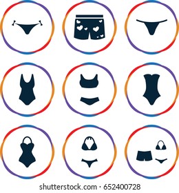 Bikini icons set. set of 9 bikini filled icons such as panties with heart, female underwear, swimsuit, underwear with heart