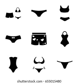 Bikini icons set. set of 9 bikini filled icons such as bikini, female underwear, swimsuit, underwear with heart