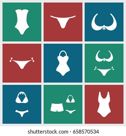 Bikini icons set. set of 9 bikini filled icons such as panties with heart, bra, bikini, female underwear, swimsuit