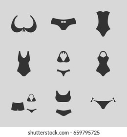 Bikini icons set. set of 9 bikini filled icons such as panties with heart, bra, female underwear, swimsuit