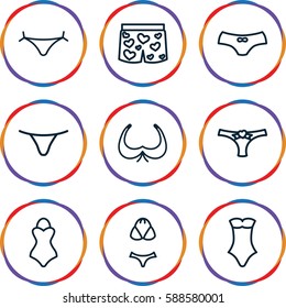 bikini icons set. Set of 9 bikini outline icons such as panties with heart, bra, female underwear, swimsuit