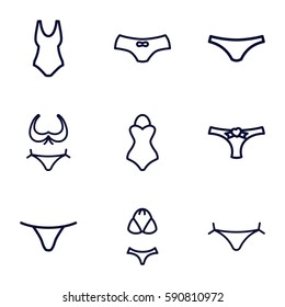 bikini icons set. Set of 9 bikini outline icons such as panties with heart, bikini, female underwear, swimsuit