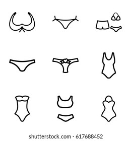 Bikini icons set. set of 9 bikini outline icons such as panties with heart, bra, female underwear, swimsuit
