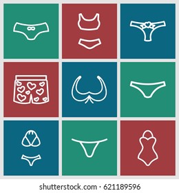 Bikini icons set. set of 9 bikini outline icons such as bra, female underwear, panties with heart, underwear with heart, swimsuit