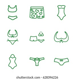 Bikini icons set. set of 9 bikini outline icons such as bra, bikini, female underwear, swimsuit, panties with heart, underwear with heart