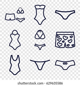 Bikini icons set. set of 9 bikini outline icons such as female underwear, swimsuit, underwear with heart