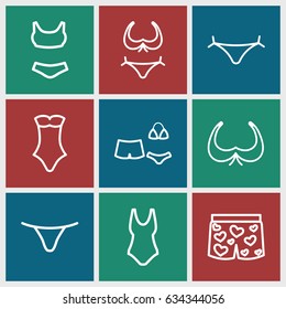 Bikini icons set. set of 9 bikini outline icons such as panties with heart, bra, bikini, female underwear, swimsuit, underwear with heart
