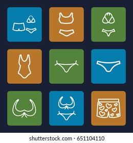 Bikini icons set. set of 9 bikini outline icons such as panties with heart, bra, bikini, female underwear, underwear with heart, swimsuit