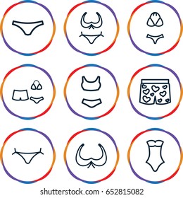 Bikini icons set. set of 9 bikini outline icons such as panties with heart, bra, bikini, female underwear, swimsuit, underwear with heart