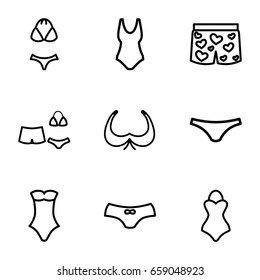 Bikini icons set. set of 9 bikini outline icons such as bra, female underwear, swimsuit, underwear with heart