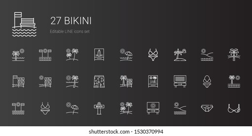 bikini icons set. Collection of bikini with beach, swim suit, bra, panties. Editable and scalable bikini icons.