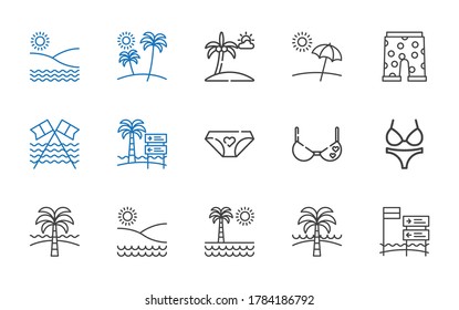 bikini icons set. Collection of bikini with beach, bra, panties, swim suit. Editable and scalable bikini icons.