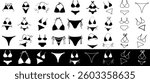 Bikini icons set featuring various swimwear designs in black. Stylish swimsuit silhouettes, including triangle, bandeau, and halter styles, perfect for fashion, summer, and beachwear themes