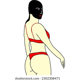 Bikini-Modell in schwarzer Maske, die dahinter schaut, grafisches Rendering, Vektorgrafik 
