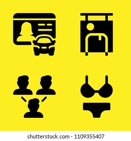 bikini, networking, driver license and suitcase vector icon set. Sample icons set for web and graphic design