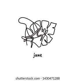 Bikini and palm leaf doodle style illustration. Hand drawn calendar page print. June. Stock vector