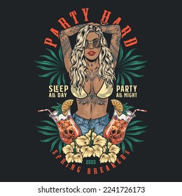 Bikini party girl poster colorful with exotic flowers and alcoholic cocktails for tattooed woman in bra and jeans vector illustration