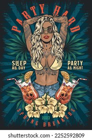 Bikini party women colorful poster alcoholic cocktails and exotic flowers near cocky girl in jeans and bra vector illustration