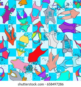 Bikini pattern. Summer swimming suits background. Pencil effect sketch. Ladies swimming suits for summer vacation. Fashion trendy bikini backdrop. Doodle vector illustration.