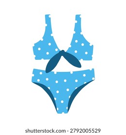 Bikini with polka dot pattern, bow knot tie. Two-piece swimwear with bra, panties in modern trendy style. Women beachwear, summer swimsuit. Flat vector illustration isolated on white background