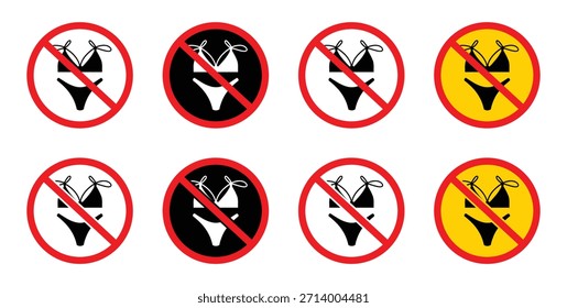 Bikini Prohibido Signo Círculo Rojo. Icono de bikini prohibido símbolo no se permite ropa de baño letrero de ropa de playa prohibido Vector de diseño minimalista.