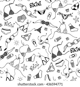 Bikini and sea elements seamless pattern. Hand drawn vector black and white illustration. Cartoon doodle - bra, panties, flip flops, sea star, sun, shell, sun, word "bikini".