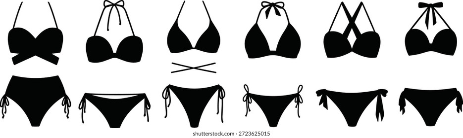 Bikini Set Silhouetten Vektor Kollektion Badebekleidung Badeanzug Illustration Symbol. Bikini-Set Silhouette Symbole Illustration zeigt Badebekleidung Mode Vektor
