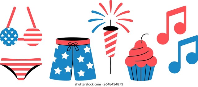 Conjunto de ícones de biquíni e shorts. Listras, estrelas, chinelos, cupcake, fogos de artifício, notas musicais, esboço em cores americanas para a vibração comemorativa do verão