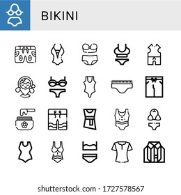 conjunto de iconos simples de bikini. Contiene íconos como Bikini, traje de baño, ropa, playa, ropa interior, cera, ropa de baño, blusa, se pueden usar para web, móvil y logotipo