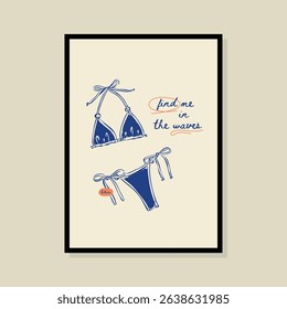 Bikini sketch style vector illustration in a poster frame. Art for print design, greeting card, postcards, branding, logo design.	