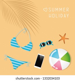 bikini smartphone sunglasses starfish and ball summer holiday design vector illustration EPS10